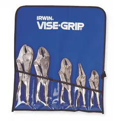 This set includes four curved-jaw locking pliers with max jaw openings of 2 in, 1-1/2 in, 1-1/8 in, and 1-7/8 in. The plain grip provides secure clamping on pipes, fasteners, and irregular shapes. Comes with a storage pouch. Suitable for clamping, gripping, and holding workpieces in metalworking, automotive repair, and general maintenance.