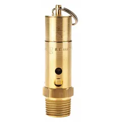 Hard seat pneumatic safety valve with 1/2 in (M)NPT inlet and 1/4 in (F)NPT outlet. Constructed from stainless steel. Used to protect pneumatic systems from overpressure by automatically venting excess pressure in applications such as compressors, pipelines, and process controls.