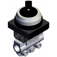 Manual air control valve with 2-position twist actuator for on/off or diverting control in pneumatic systems. Side-ported body with 2 ports and 1/8 in NPT connections. Suitable for panel-mount or inline applications.