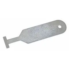 Steel T-slot cleaner for clearing metal chips, coolant residue, and debris from machine table T-slots. Measures 1-1/4 in wide by 5-1/16 in long by 1/16 in high. Helps maintain clean workholding surfaces for accurate part positioning in milling, drilling, and grinding operations.