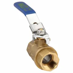 This 3/4 in brass ball valve features a full port design for minimal pressure drop and a locking lever handle for secure shutoff. Straight FNPT x FNPT connections and an integrated drain allow for system purging. Suitable for on/off flow control in water, air, and oil lines.