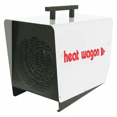 Portable electric salamander heater with 9kW output and 100°F air temperature rise. Operates on 208/240V AC single-phase power. Includes a 4-prong grounded plug with NEMA 14-50P configuration and automatic reset thermal overheat protection. Suitable for temporary heating in construction areas, workshops, and industrial spaces.