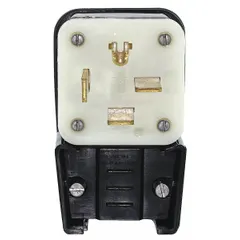 Angled straight blade plug rated 50 A at 250 V AC. 3-pole, 4-blade configuration in a black housing. Suitable for high-power industrial equipment such as welding machines, large motors, and heavy-duty machinery.