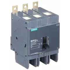 The SIEMENS BQD370 is a 70 A, 480V AC, 3-pole miniature circuit breaker from the BQD Series. It features a bolt-on connection and a 14kA interrupting rating at 480V AC. This standard-type breaker is used for branch-circuit protection in electrical distribution systems, safeguarding wiring and equipment from overloads and short circuits.