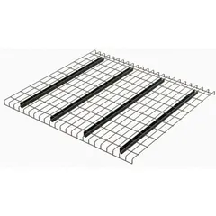 Galvanized steel wire decking with waterfall edge for standard-channel pallet rack systems. Provides a secure surface for pallet storage, preventing items from falling through beam openings. Silver finish, 6 ga wire construction.