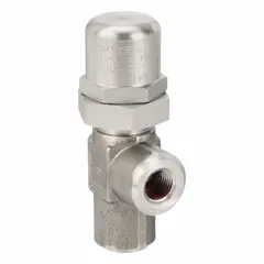 This hard-seat pressure control valve from Parker is constructed with a stainless steel body and features 1/4 in NPT connections. It is designed to regulate system pressure in hydraulic and pneumatic circuits, with a maximum set pressure of 1,000 psi. Typical applications include industrial fluid power systems and process control machinery.