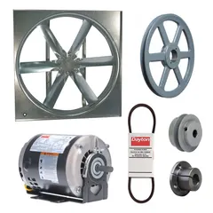 Unassembled belt-drive panel supply fan with a 24-inch blade and open dripproof motor enclosure. Delivers 4,826 cfm at 1/4 hp, single-phase, 115/208-230V AC. Suitable for general ventilation and air movement in industrial and commercial facilities such as warehouses, workshops, and manufacturing plants.