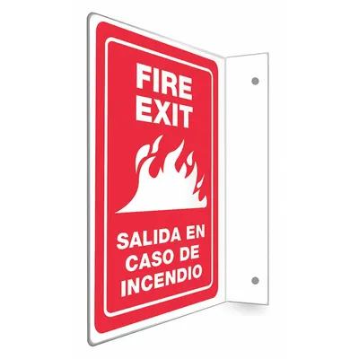 CONDOR Safety Sign: PETG, Mounting Holes Sign Mounting, 12 in x 9 in Nominal Sign Size - L-Shape Projection Fire Exit/Salida En Caso De Incendio Signs