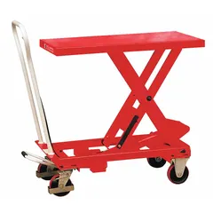 This manual scissor-lift table from Dayton features a steel platform measuring 39-1/2 inches long by 20-1/2 inches wide and a hydraulic lifting mechanism. It is used in warehouses, assembly lines, and maintenance shops for positioning heavy loads at ergonomic working heights.