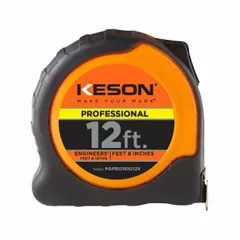 KESON 12 ft engineers-scale tape measure with a high-visibility orange plastic body and rubberized grip. Features a nonmagnetic single hook tip, finger brake, and manual lock. Blade displays SAE/Engineers Scale markings in feet and 1/16 in increments. Suitable for precise linear measurements in industrial, construction, and engineering applications.