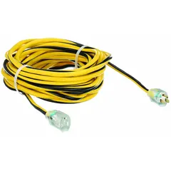 This 50 ft outdoor extension cord features a single NEMA 5-15P outlet and a 12/3 SJTW jacket rated for temperatures from -40° to 167°F. The black/yellow cord is suited for powering tools, lights, or equipment in outdoor work areas such as construction sites, landscaping, and maintenance tasks.