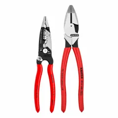 This general purpose assorted pliers set includes two pliers with standard cushion grips and manual operation, covering a pliers range of 2 to 5. Suitable for cutting, stripping, and gripping wires in electrical work.