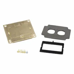 Rectangular brass floor box cover with brushed gold finish. Measures 3 1/8 in L x 4 1/8 in W x 1/4 in H. Used to cover floor boxes in commercial or industrial settings, providing a flush access point for electrical connections.