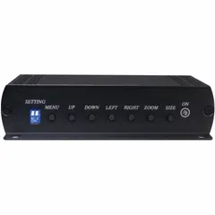 Video converter that accepts VGA video inputs and outputs BNC signals for use with monitors. Overall depth 4 7/8 in, overall height 1 1/4 in. No USB port. Commonly used in security DVR systems and industrial display setups requiring BNC cabling.