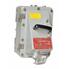 This mechanical interlock combines a 480V AC, 60A, single-phase circuit breaker with a Class I hazardous location enclosure. The 3-pole, 2-wire unit is configured for non-reverse service and uses an EHD 480V AC circuit breaker. It is suited for use in environments where flammable gases or vapors may be present, providing a means to safely disconnect power before opening the enclosure.
