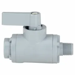 This manual two-way ball valve features a 1/8 in straight PVC body with MNPT x FNPT connections and a full port ball port. The wedge handle provides clear visual indication of valve position. Suitable for on/off flow control in low-pressure water, chemical, or air lines where corrosion resistance is required.