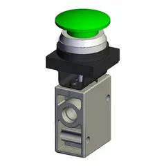 This SMC VM Series manual air control valve features a green mushroom button actuator and 3 ports with 1/4 in connections. It is used for manually directing airflow in pneumatic systems, such as machine control or assembly stations, providing a simple on/off or shuttle function.