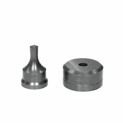 Round punching die set comprising a 3/8 in punch and a 13/32 in die, with a 3/8 in die size and 4 in overall length. Used in ironworker machines for creating round holes in metal plates and structural steel during fabrication and construction.