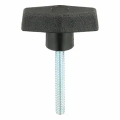 T-handle knob with threaded stud, plastic handle with steel thread insert. Thread size 1/4"-20, thread length 2 in. Used for manual clamping, positioning, and adjustment on industrial machinery, jigs, and fixtures.