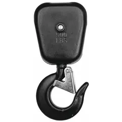 Bottom hook assembly for hoists, includes a latch for secure load attachment. Used as a replacement component in industrial lifting applications.