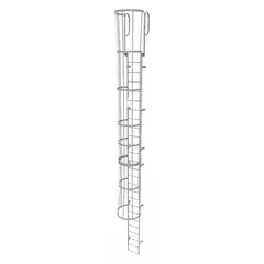 Steel fixed ladder with safety cage walk-through design. 26 rungs, 18 in overall width. Provides vertical access for industrial maintenance, tank climbing, and rooftop entry.