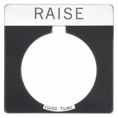 Rectangular push-button legend plate with 30 mm panel mounting size, 5 in overall height by 4 in overall width. Constructed of black metallic aluminum with a white raised English legend and notch design. Used to label push-button controls in industrial control panels.