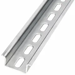 Steel top-hat mounting channel for terminal blocks. Complies with DIN 46277-3. Overall length 1 m. Used to mount terminal blocks in control panels and electrical enclosures.