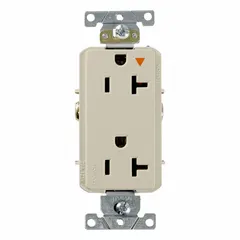 General purpose duplex receptacle rated 125V AC, 20A, NEMA 5-20 configuration, 2-pole/3-wire grounding. Ivory finish. Suitable for powering equipment and appliances requiring a 20A, 125V AC supply in commercial and industrial environments.