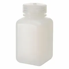 This 8 fl oz (250 mL) rectangular bottle is molded from natural HDPE for general laboratory storage, sampling, and dispensing of aqueous solutions, buffers, and reagents. The attached 43 mm screw closure prevents cap loss during use. The natural body color allows easy content visibility. Not graduated.