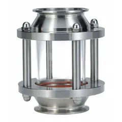 Type 316 stainless steel single-wall sight flow indicator with borosilicate window and silicone seal. Rated for 120 psi maximum operating pressure, vertical mounting, and flow in any direction. Provides visual confirmation of fluid flow, color, and clarity in sanitary process lines.