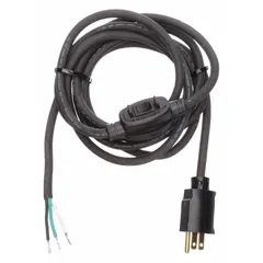 This 12-foot power cord features a 5-15P plug and bare wire receptacle, rated for 125V AC. The SJO rubber jacket provides flexibility and resistance to wear. An integrated on/off switch allows convenient control of connected equipment. Suitable for powering tools, machinery, and temporary lighting in industrial or workshop settings.
