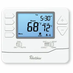Non-programmable digital wall thermostat for heat and cool applications. Operates on 24V AC with manual changeover and system settings of Heat-Cool-Off. Features a universal sub-base, large/easy read digits, and terminal designations O/B. Temperature control range 44° to 90°F with adjustable differential from 0.2°F to 2°F. Suitable for residential or light commercial HVAC systems.