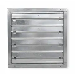 Rectangular motorized control damper with steel construction and flat blade design. Measures 19 in height by 19 in width with 1 1/2 in flange width. Operates at 100/240V AC with normally open switch action, supporting maximum air velocity of 3500 fpm. Used for regulating airflow in HVAC and ventilation systems requiring fail-open operation.