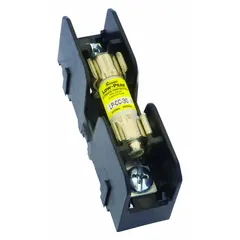 Single-pole open-block fuse holder for UL Class CC fuses, rated 600 V AC. Features quick-connect and screw terminals for secure mounting. Suitable for use in industrial control panels, motor protection circuits, and branch-circuit overcurrent protection.
