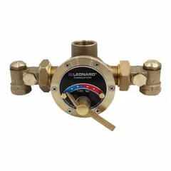 This thermostatic mixing valve blends hot and cold water to a set outlet temperature for point-of-source applications. It features a 1 1/4 in NPT inlet connection, operates from 65°F to 180°F, and includes check-stops for backflow prevention. Suitable for use in industrial water systems requiring precise temperature control.