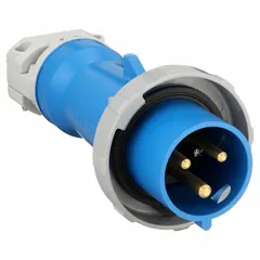 Watertight pin and sleeve plug rated for 250V AC, 30 A, single phase, 2 poles, 3 wires with IEC grounding. Suitable for industrial environments requiring a weather-resistant electrical connection.