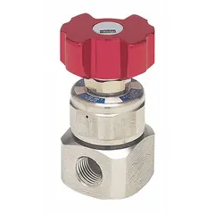 Excess flow valve with 316 stainless steel body, 1/4 in NPTF connections. Flow limit settings: 22.5 slpm at 30 psig inlet, 120.6 slpm at 1000 psig inlet. Operating temperature range -10°F to 150°F. Automatically restricts flow upon downstream line rupture to prevent uncontrolled release in high-pressure gas or liquid systems.