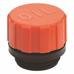 Polyamide-bodied filter breather vent with 1" NPT thread and orange splash guard. Marked "OIL" design for hydraulic reservoir venting. Filters airborne contaminants from air intake and exhaust in industrial machinery and lubrication systems.