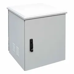 This fan-cooled server rack enclosure provides 18 rack units of space for mounting network equipment. Constructed from steel with a powder-coated finish, it measures 35 5/8 in x 23 5/8 in x 21 5/8 in. A thermostat is included for temperature management. Suitable for organizing and ventilating equipment in data closets, telecom rooms, and industrial settings.