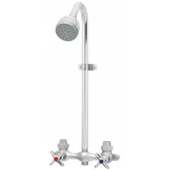 Fixed showerhead faucet with plastic showerhead and chrome finish. Flow rate is 2 gpm. Part of the Commander series. Suitable for commercial or industrial washroom installations requiring a fixed shower fixture.