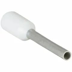 Insulated ferrule for terminating a single stranded wire. White polypropylene insulation. Ferrule diameter 0.06 in. Used in terminal blocks, control panels, and junction boxes for secure electrical connections.