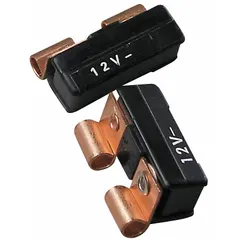 Plug-in mount glass tube style circuit breaker rated for 12V DC with 1 kA interrupting capacity. Features blade terminal connection. Provides overcurrent protection for automotive electrical circuits.