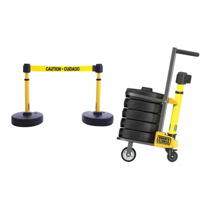 BANNER STAKES Belt Barrier System: 42 in Post Ht, 15 ft Belt Lg, Yellow, 2 No. of Posts - Mobile Retractable Belt Barrier Systems