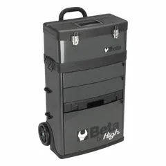 This steel rolling tool box provides mobile storage for tools and parts in workshops and job sites. It features a hinged lid with keyed lock for security and five compartments for organization. The gray finish resists wear in industrial environments.