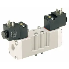Four-way, two-position solenoid air control valve with 5599-1 double solenoid configuration and solenoid return. Internal pilot operation. Used to switch airflow direction in pneumatic systems for industrial automation, packaging, and material handling applications.