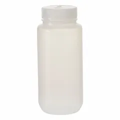 This 500 mL (16 fl oz) wide-mouth round bottle is molded from polypropylene copolymer (PPCO) for chemical resistance. The natural translucent body allows visual content monitoring. A 53 mm polypropylene closure is included for a secure seal. Suitable for general laboratory liquid storage, sample collection, and reagent handling.