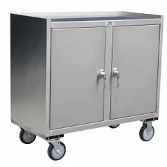 Fully assembled mobile cabinet bench with shelves, constructed of stainless steel. Overall load capacity of 1,200 lb. Suitable for industrial workstations requiring a durable work surface and integrated storage, such as maintenance shops, assembly lines, and laboratories.