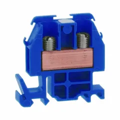 DIN rail mount pass-through block with box lug wire termination. Rated 60 A, accepts minimum 22 AWG wire. Provides two wire terminals for connecting and distributing power in industrial control panels and electrical distribution systems.