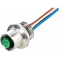 M12 female front mounting receptacle with A-coding and 5 pins. Features a 0.2 m wire lead with 0.34 sq mm conductor and PP cable jacket. Rated IP67 for dust and water ingress. Suitable for signal and low-power connections in food and beverage environments requiring washdown resistance