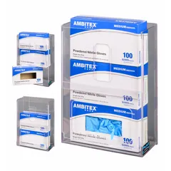 Wall-mounted lab storage bin made of clear PETG for visibility of contents. Holds up to (3) boxes. Overall height 13 7/8 in, overall length 10 1/4 in. Suitable for organizing glove boxes in laboratory or healthcare settings.